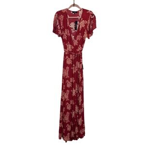 Lulus Heart of Marigold Floral Print‎ Wrap Maxi Dress Size L Rust Red Boho NEW